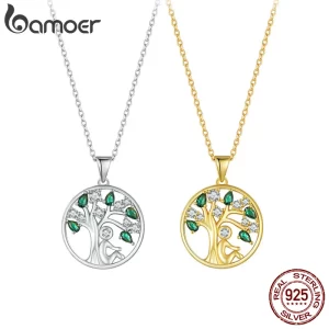 Colar feminino, BAMOER-925 Sterling Silver Colar Árvore da Vida, colares pingentes da árvore da sorte banhados a ouro 14k, joias.