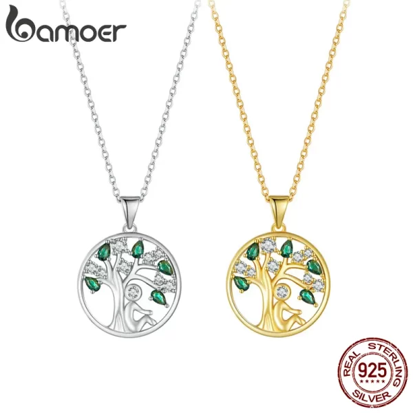 Colar feminino, BAMOER-925 Sterling Silver Colar Árvore da Vida, colares pingentes da árvore da sorte banhados a ouro 14k, joias.