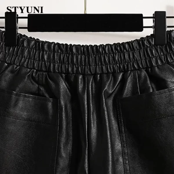 Shorts de couro casual feminino, cintura alta elástica, perna larga, calça solta, preto, moda coreana, inverno, monocromático. - Image 3