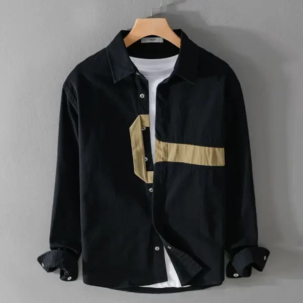 Camisas masculina polo de colarinho retro com patchwork personalizada, manga comprida, camisa larga de lazer, primavera e outono, nova. - Image 3
