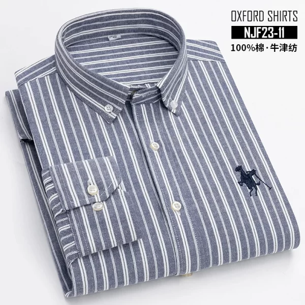 Camisas masculina listrada de manga comprida, tops lisos, roupas de escritório, 100% algodão, camisa completa, roupas casuais inteligentes. - Image 16