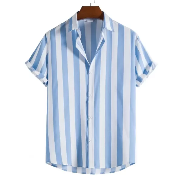 Camisas masculina listradas de manga curta, botões havaianos, blusa quadriculada vermelha de praia, camisa preta e branca, roupas verão - Image 2