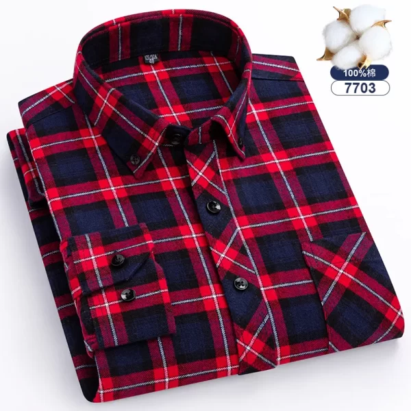 Camisas xadrez de manga longa masculina, algodão puro, design de bolso único, casual jovem, ajuste padrão, flanela grossa, na moda - Image 9