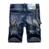 Shorts jeans masculino, fino estiramento azul rasgado jeans shorts luz cor de luxo tinta salpicado decorações rua, sexy calções casuais; - Image 3