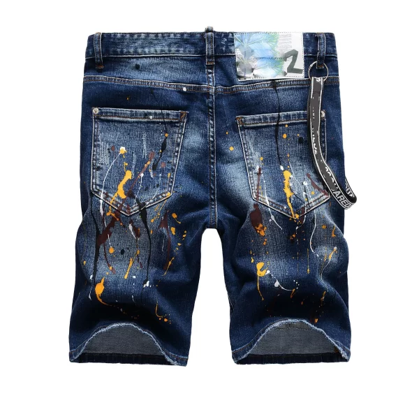 Shorts jeans masculino, fino estiramento azul rasgado jeans shorts luz cor de luxo tinta salpicado decorações rua, sexy calções casuais; - Image 3