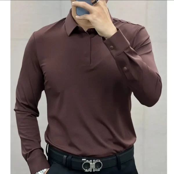 Camisas masculina de manga comprida com gola polo, monocromática, casual, tops com tudo que combina, moda masculina, primavera, outono - Image 2