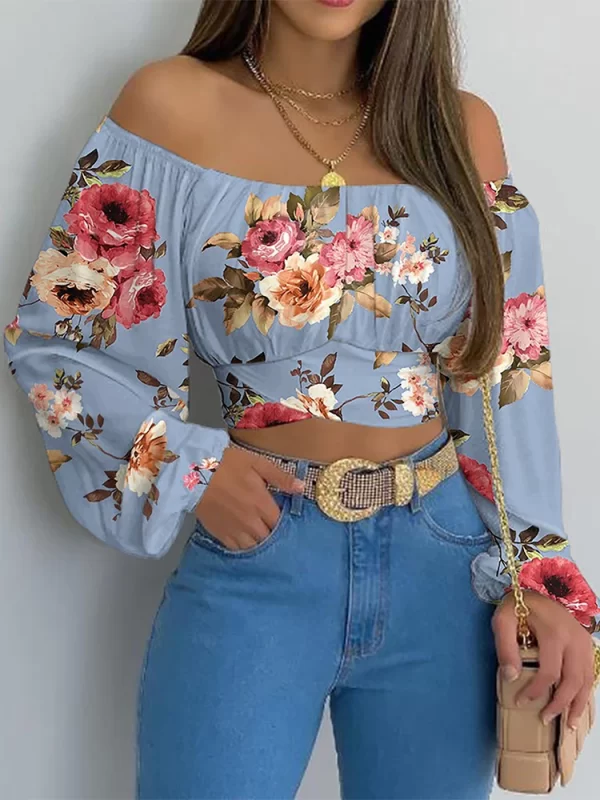 Camisa/Blusa Estampada Fora do Ombro Feminina, Laço de renda sexy, Camisa Fina Sem Costas, Manga Longa Casual, Top Curto Chique, Túnica, Elegante, Streetwear - Image 10