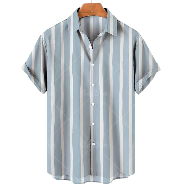 Camisas masculina listradas de manga curta, botões havaianos, blusa quadriculada vermelha de praia, camisa preta e branca, roupas verão - Image 7