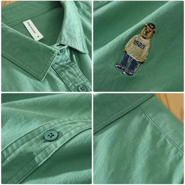 Camisas masculina, casuais de manga comprida, 100% algodão, cor sólida, arte da moda, top versátil, bordado de urso, novo, primavera e outono, C1378 - Image 4