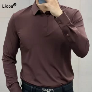 Camisas masculina de manga comprida com gola polo, monocromática, casual, tops com tudo que combina, moda masculina, primavera, outono