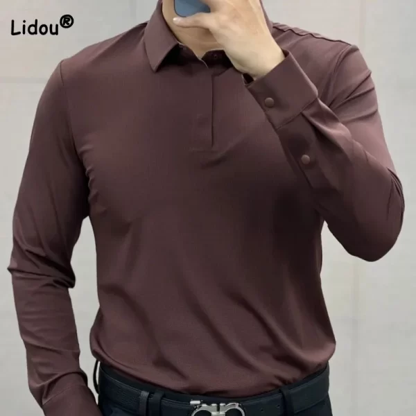Camisas masculina de manga comprida com gola polo, monocromática, casual, tops com tudo que combina, moda masculina, primavera, outono