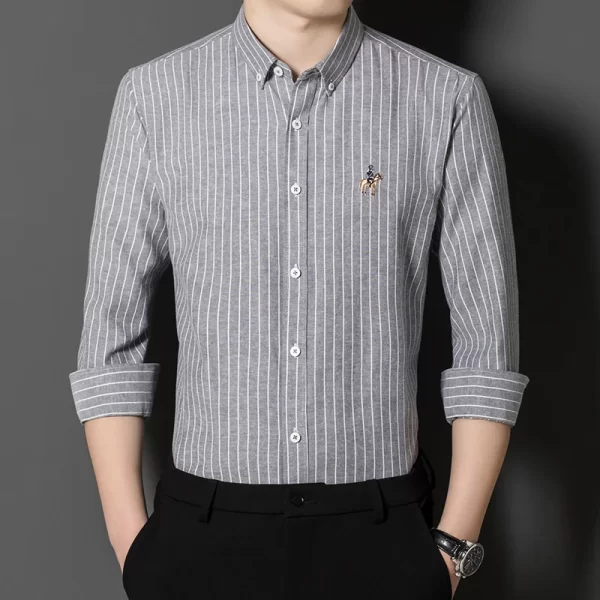 Camisa de manga comprida Oxford Stripes masculina, Clássica, Versátil, Algodão, Casual, Social Fashion, Quatro Estações - Image 5