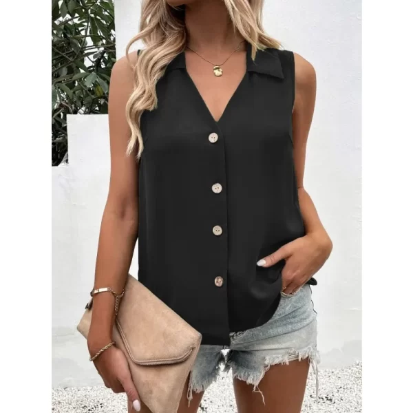 Camisas feminina soltas sem mangas, blusas grandes, top feminino elegante, monocromático, casual e elegante, verão. - Image 4