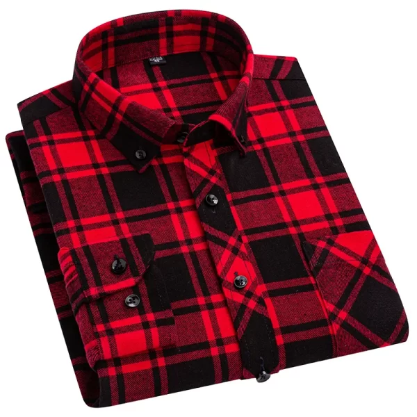 Camisas xadrez de manga longa masculina, algodão puro, design de bolso único, casual jovem, ajuste padrão, flanela grossa, na moda - Image 4