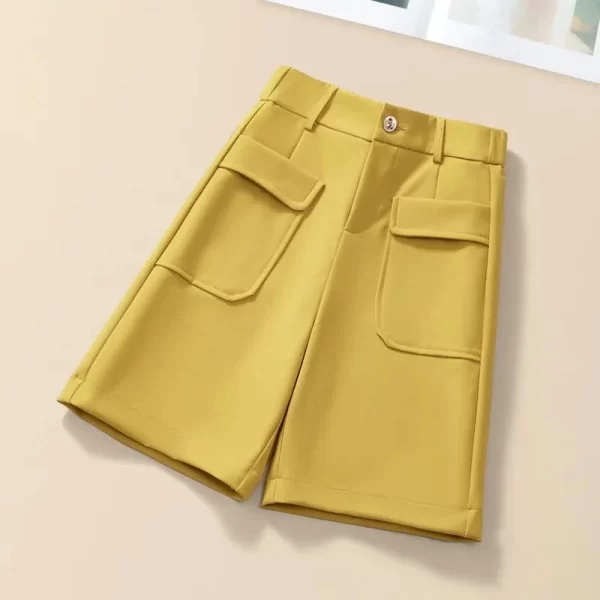 Shorts feminino casual, reto de perna larga, sólido, coreano, cintura alta, botão coreano moda verão primavera - Image 9