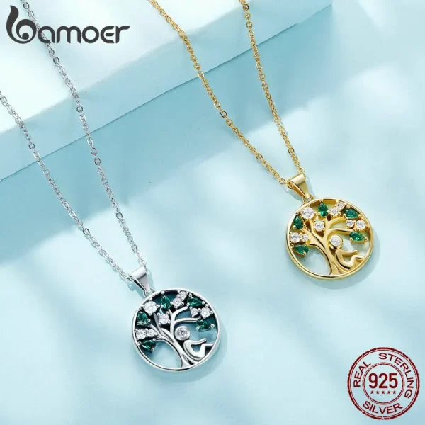 Colar feminino, BAMOER-925 Sterling Silver Colar Árvore da Vida, colares pingentes da árvore da sorte banhados a ouro 14k, joias. - Image 2