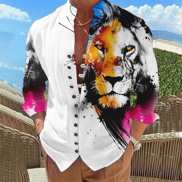 Camisas masculina estampada de peito único, leão animal, casual, gola em pé, manga comprida, top, moda ao ar livre - Image 4