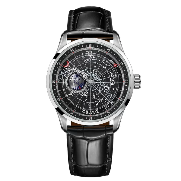 Relógio de pulso mecânico automático masculino, OBLVLO- marca top, impermeável, pulseira de couro, luminoso, estrela da terra, GC - Image 7