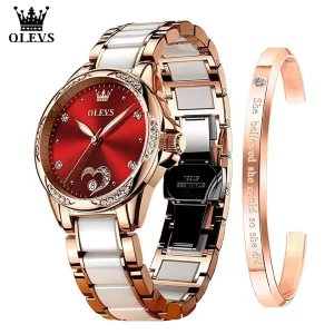 Relógio de pulso mecânico feminino, OLEVS, Pulseira De Cerâmica De Aço Inoxidável, Diamante Do Coração.