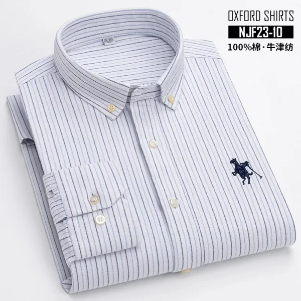 Camisas masculina listrada de manga comprida, tops lisos, roupas de escritório, 100% algodão, camisa completa, roupas casuais inteligentes. - Image 15