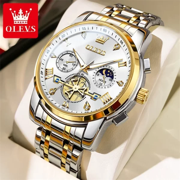 Relógio de pulso masculino de aço inoxidável, OLEVS, Cronógrafo, Fase da Lua, Impermeável, De Quartzo Luminoso, Marca De Luxo - Image 7