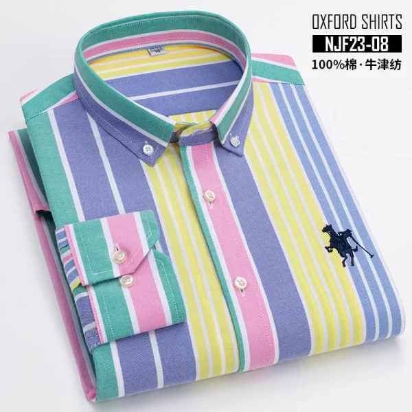 Camisas masculina listrada de manga comprida, tops lisos, roupas de escritório, 100% algodão, camisa completa, roupas casuais inteligentes. - Image 13