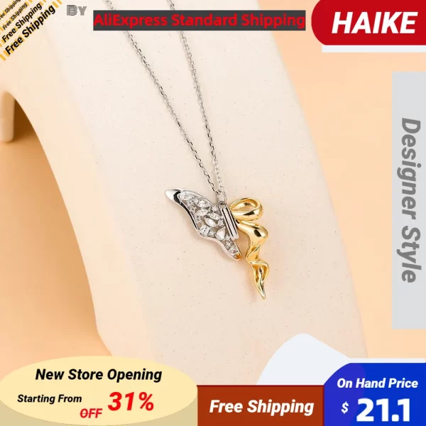 Colar ffeminino, HAIKE-S925 Sterling Silver Flying Butterfly Necklace para mulheres, colar original, design de dois tons, comprimento 40cm, 5cm, 2024 - Image 3
