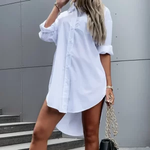 Camisas feminina em decote V, Jodimitty, branca elegante, blusa casual, ajuste solto simples, manga comprida, verão e outono.