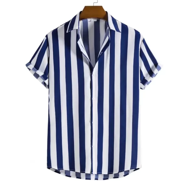 Camisas masculina listradas de manga curta, botões havaianos, blusa quadriculada vermelha de praia, camisa preta e branca, roupas verão - Image 3