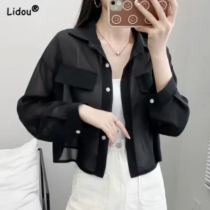 Camisas feminina, escritório, primavera verão fino sólido,  solto polo-pescoço botão chiffon único breasted roupas curtas