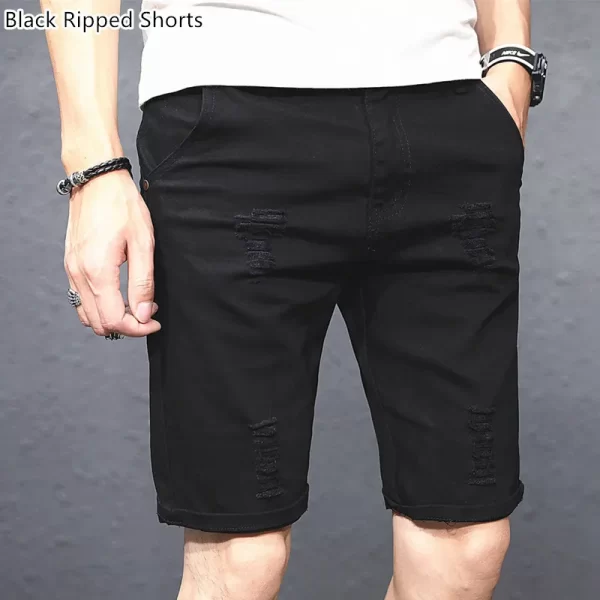 Shorts masculino, Denim verão off, brancos rasgado buracos preto metade jeans,  popular arranhado coreano angustiado plus size 38 40 42 calças - Image 7