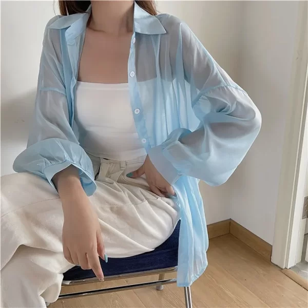 Camisas feminina, Casaco de Manga Comprida Lady Sunscreen, Casual Loose Shirts Fino Transparente Blusas, Roupas de Verão - Image 7