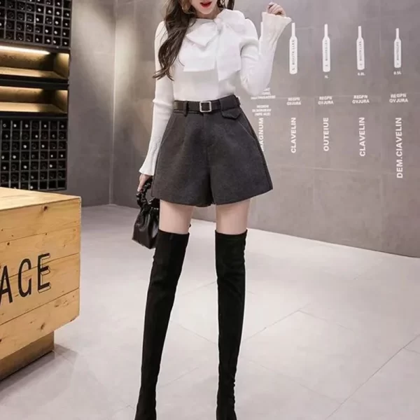 Shorts/Calção de cintura alta de lã monocromática feminino, calças largas, botões bolso, zíper, roupas de escritório, novo, outono, inverno - Image 6