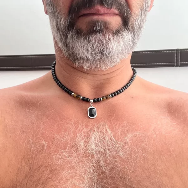 Colar masculino, aço inoxidável Tiger Eye Black Crystal Colar Pingente, Pedra Natural Strand, Frisado Jóias, Personalidade Moda