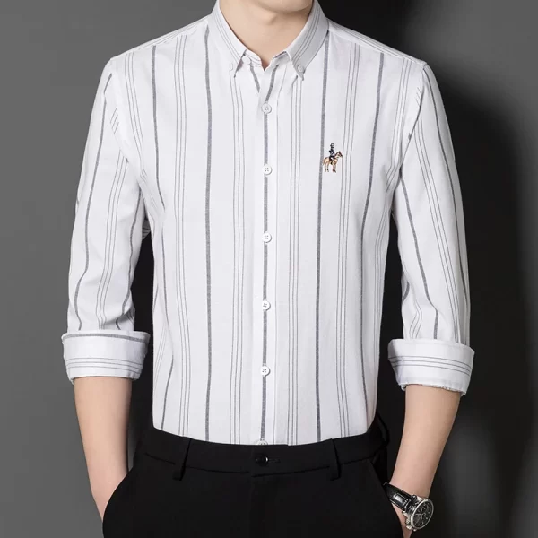 Camisa de manga comprida Oxford Stripes masculina, Clássica, Versátil, Algodão, Casual, Social Fashion, Quatro Estações - Image 6