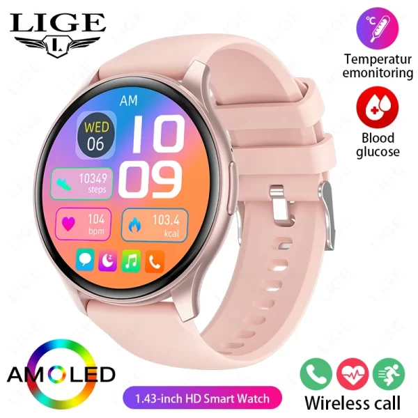 Relógio de pulso feminino, LIGE-Smartwatch esportivo à prova d'água, AMOLED, 1,43 "tela HD, monitor de glicose sanguínea, chamada Bluetooth, IP68, 466x466, novo - Image 9