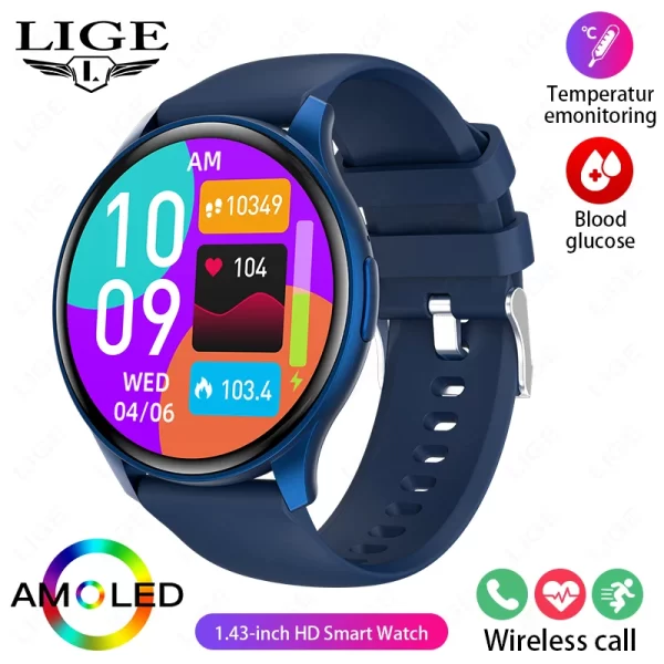 Relógio de pulso feminino, LIGE-Smartwatch esportivo à prova d'água, AMOLED, 1,43 "tela HD, monitor de glicose sanguínea, chamada Bluetooth, IP68, 466x466, novo - Image 10