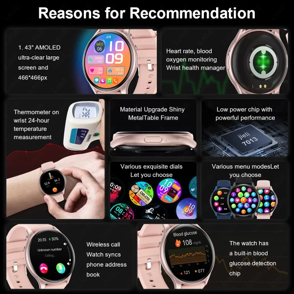 Relógio de pulso feminino, LIGE-Smartwatch esportivo à prova d'água, AMOLED, 1,43 "tela HD, monitor de glicose sanguínea, chamada Bluetooth, IP68, 466x466, novo - Image 2