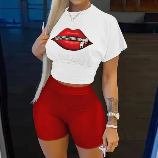 Conjunto de duas peças ( shorts + blusa ), feminino, carta de impressão de manga curta colheita corset t-shirt & senhoras cintura alta shorts calças. - Image 13