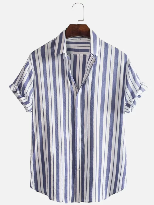 Camisas masculina listradas de manga curta, botões havaianos, blusa quadriculada vermelha de praia, camisa preta e branca, roupas verão - Image 12