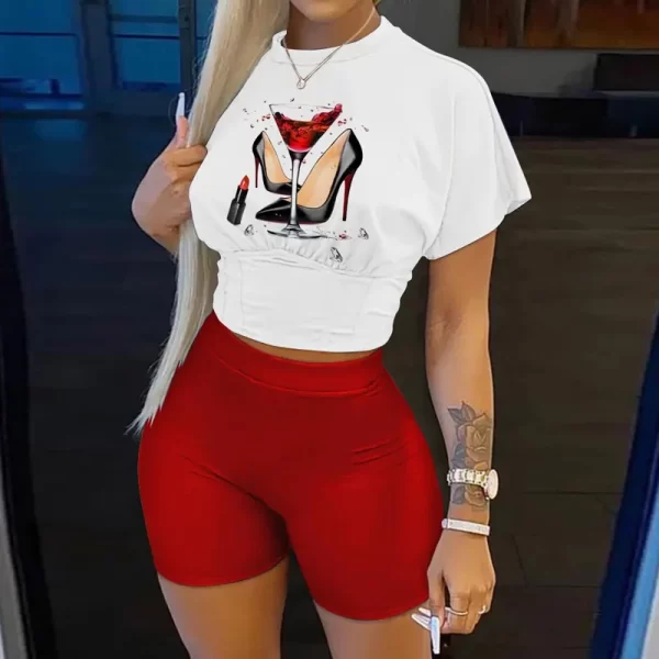 Conjunto de duas peças ( shorts + blusa ), feminino, carta de impressão de manga curta colheita corset t-shirt & senhoras cintura alta shorts calças. - Image 11