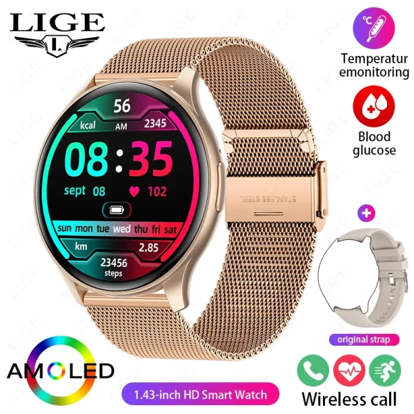 Relógio de pulso feminino, LIGE-Smartwatch esportivo à prova d'água, AMOLED, 1,43 "tela HD, monitor de glicose sanguínea, chamada Bluetooth, IP68, 466x466, novo - Image 12