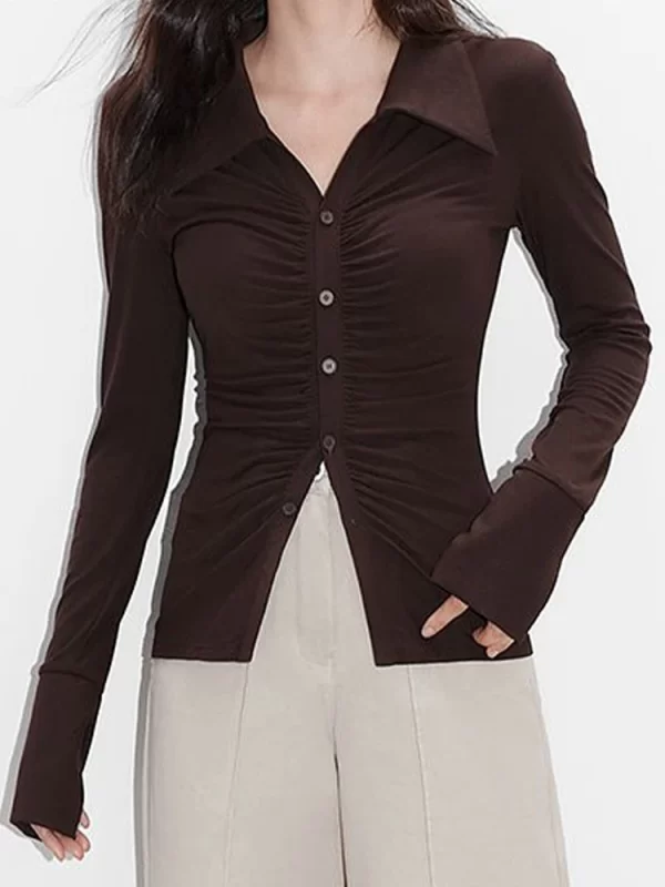 Camisas/Blusas feminina plissada de manga comprida, tops de colheita, camisas de lapela, botão, fino, elegante, coreano, sexy, y2k. - Image 6