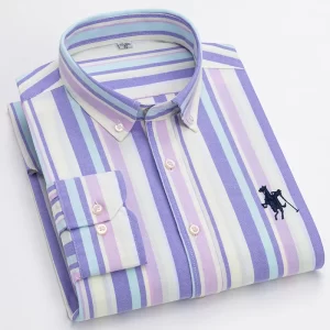 Camisas masculina listrada de manga comprida, tops lisos, roupas de escritório, 100% algodão, camisa completa, roupas casuais inteligentes.
