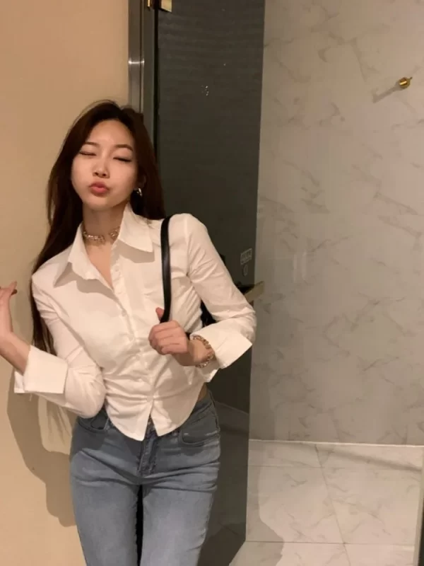 Camisas feminina, pescoço de lapela, manga comprida, ajuste fino, branco, Y2k, E-Girl, simples, sexy, novo - Image 3