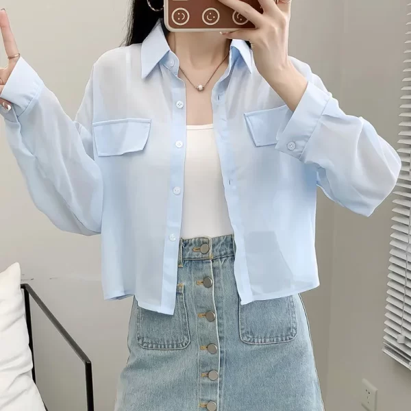 Camisas feminina, escritório, primavera verão fino sólido,  solto polo-pescoço botão chiffon único breasted roupas curtas - Image 4