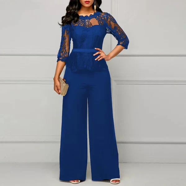 Macacão feminino meia manga de renda oco, elegante de festa,  do escritório, de pernas largas, monocromático, o pescoço, sexy, primavera, outono. - Image 10