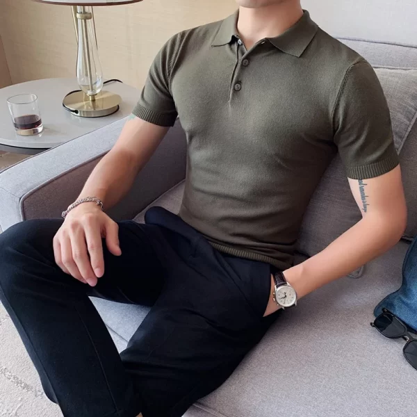 Camiseta polo masculina,  de malha de seda gelo, manga curta, tops slim fit, gola virada para baixo, roupa de luxo coreana, camiseta verão - Image 6