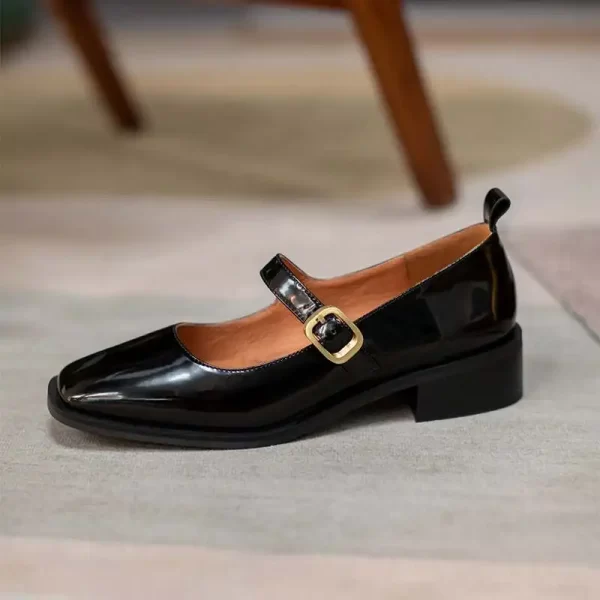 Sapato de couro genuíno feminino, Krazing pot- dedo do pé quadrado, salto baixo, de primavera, fivela cinta, mary janes, l3f4. - Image 6