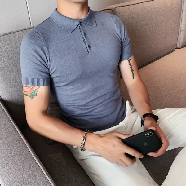 Camiseta polo masculina,  de malha de seda gelo, manga curta, tops slim fit, gola virada para baixo, roupa de luxo coreana, camiseta verão - Image 9